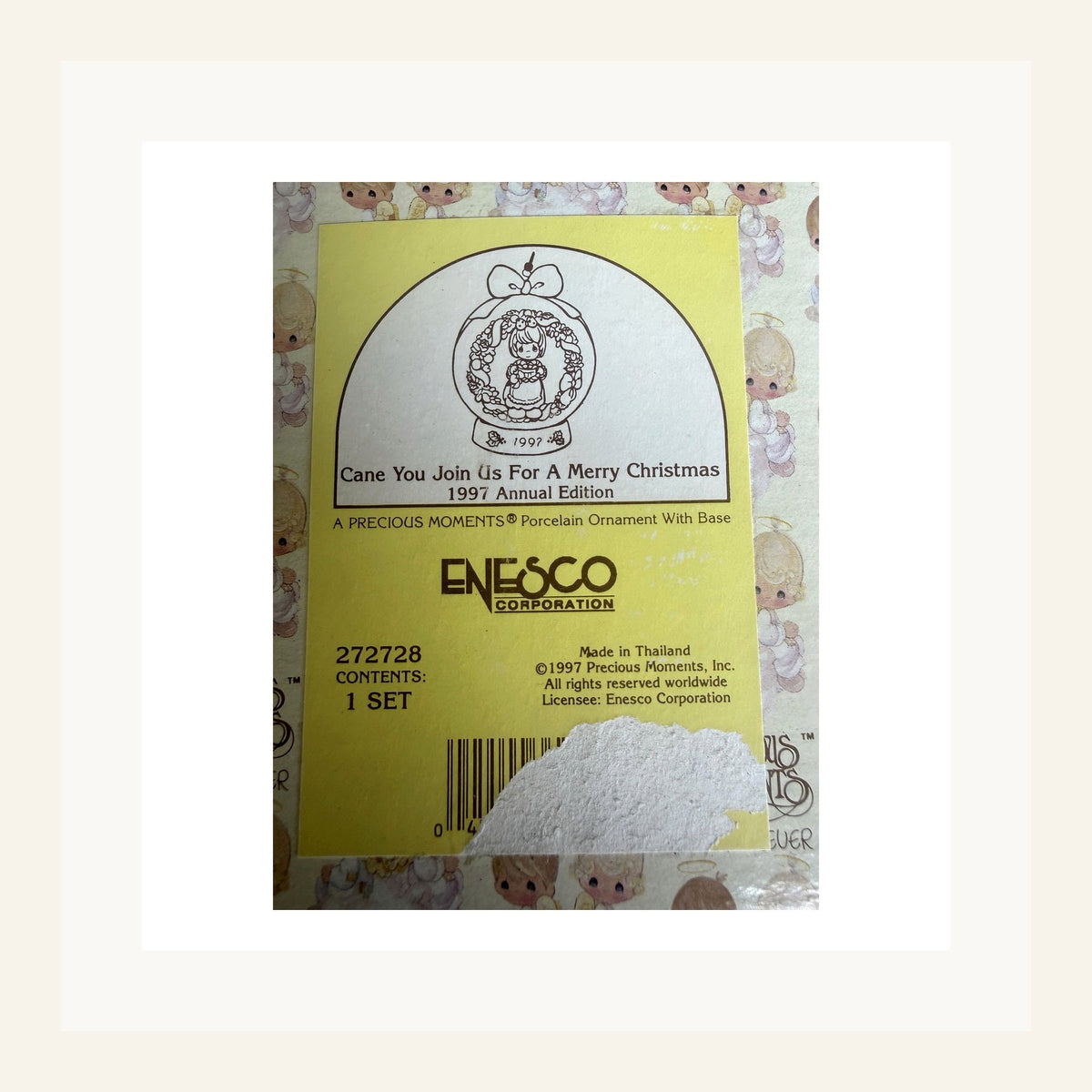 Precious Moments #272728 original box label showing storage wear