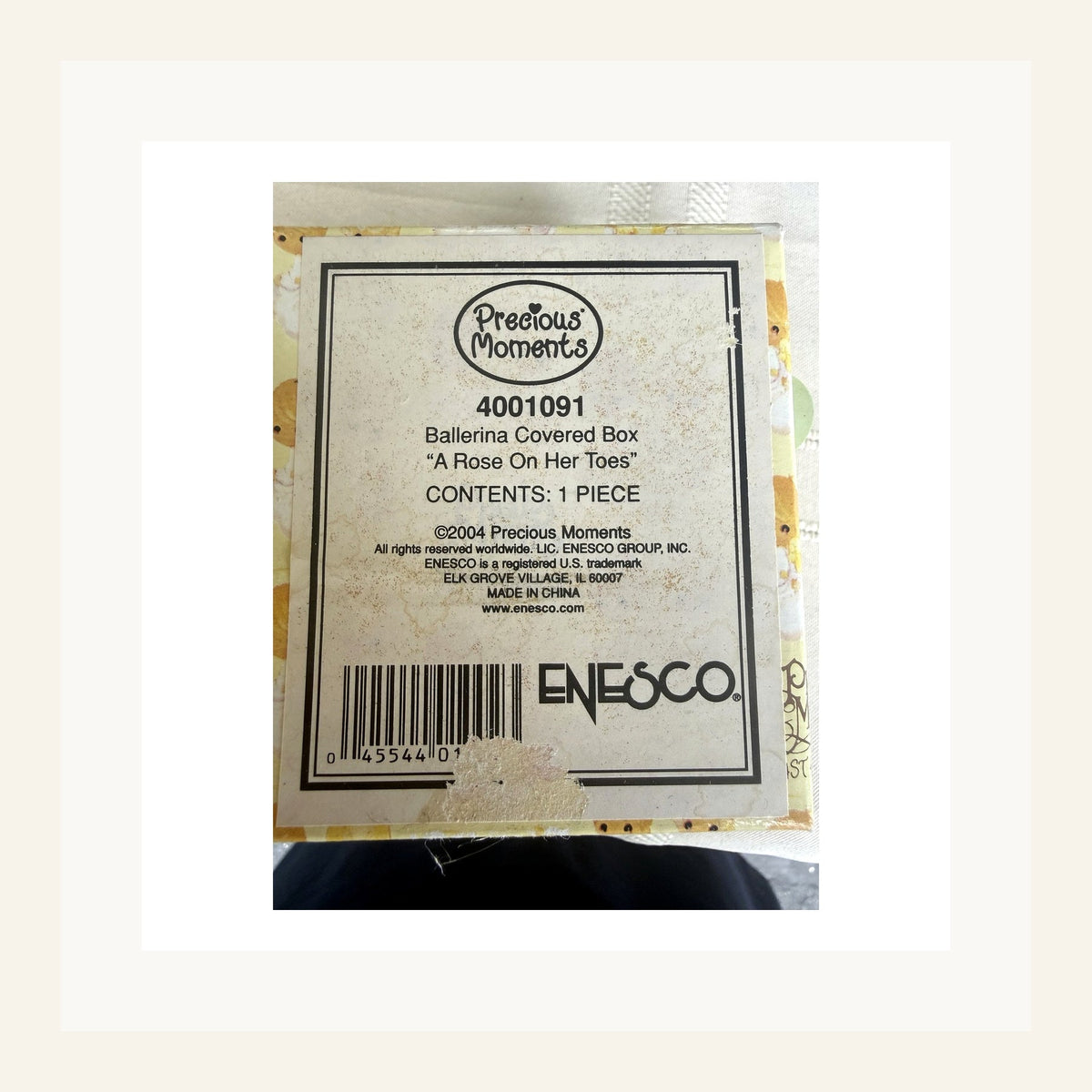 Precious Moments A Rose On Her Toes #4001091 original box label showing wear